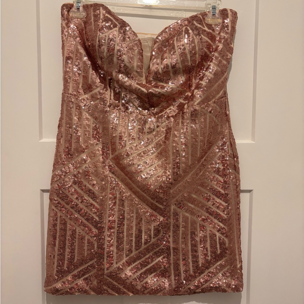 Charlotte Russe Rose Gold Sequin Dress Size XL Pull On Strapless EUC